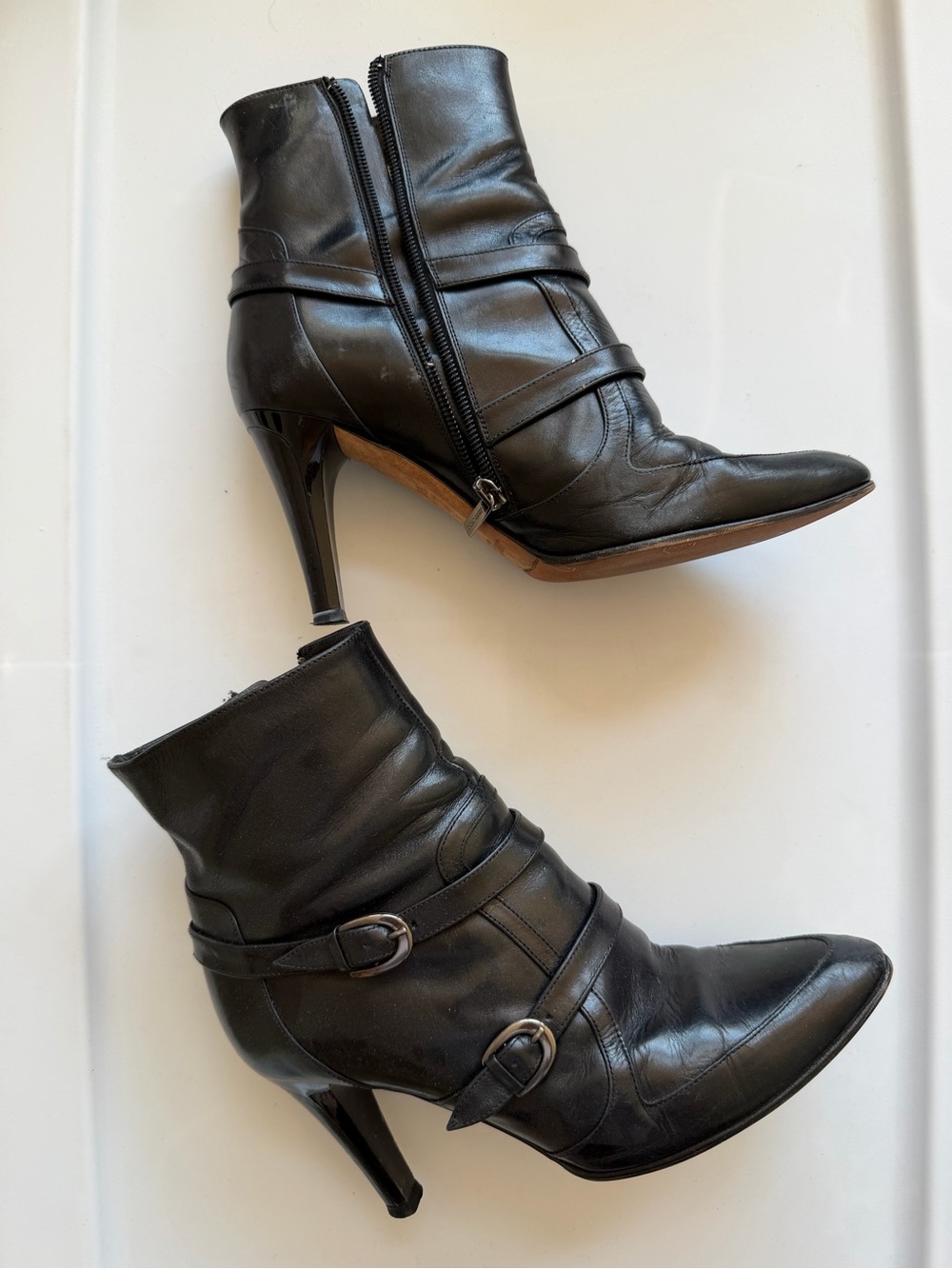 Jimmy Choo Black Leather Pointed-Toe Stiletto Ankle Boots 39.5 Buckle 9.5